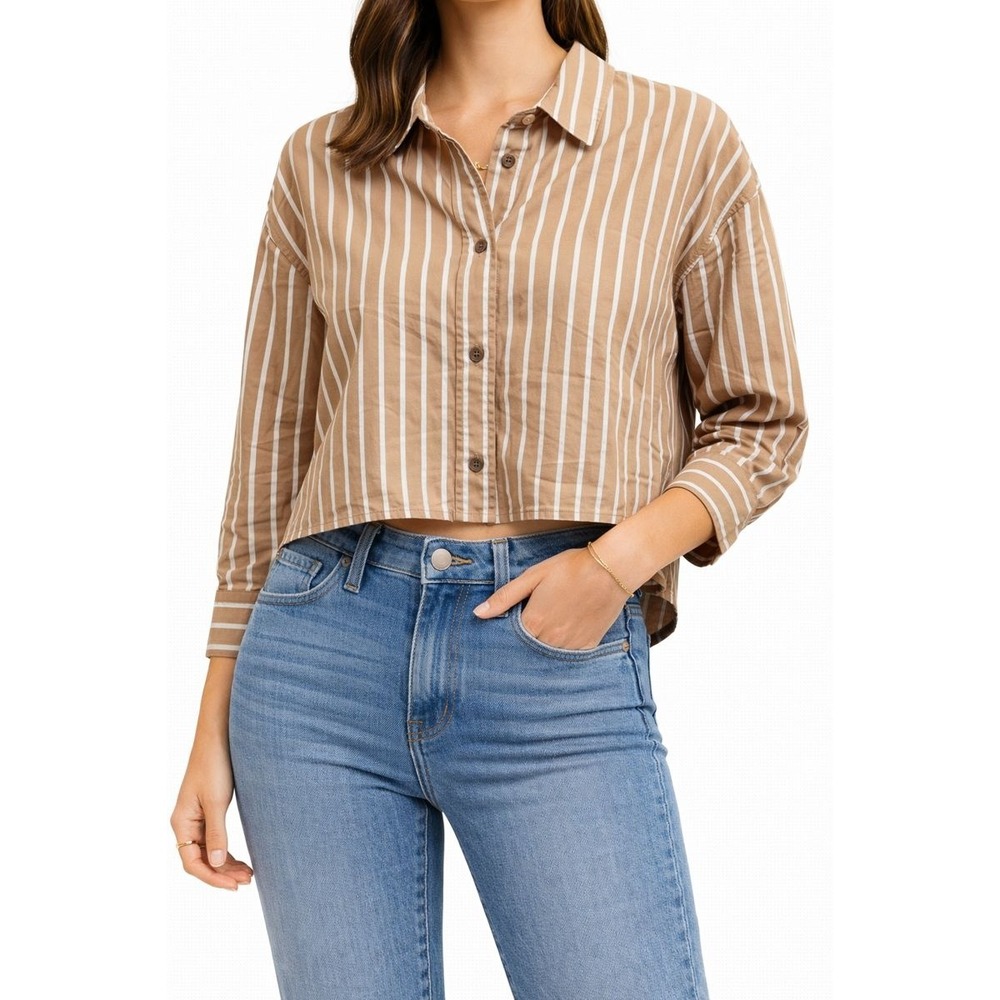 Everlane Striped Button Down Shirt‎ Top XXS Beige White Casual Cropped
